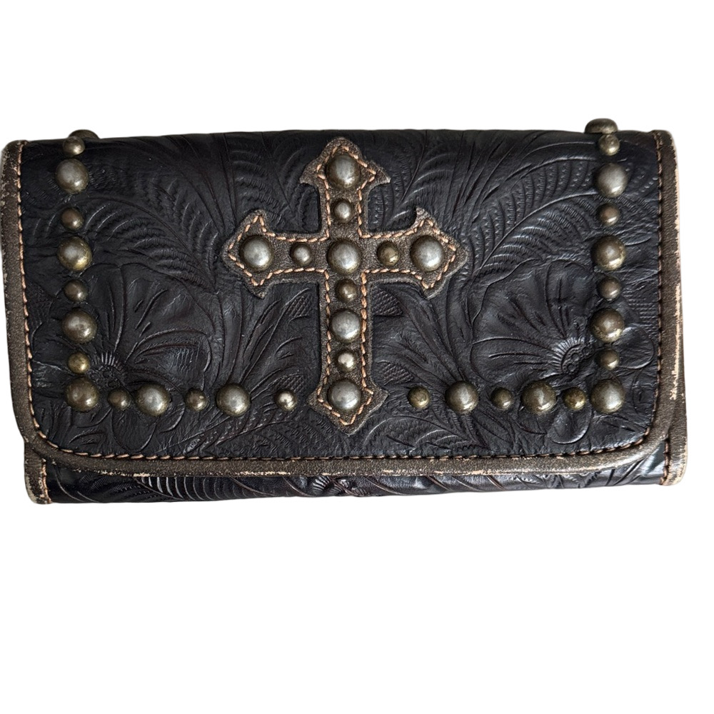 Black Leather Wallet Embossed / Leather Cross Clutch